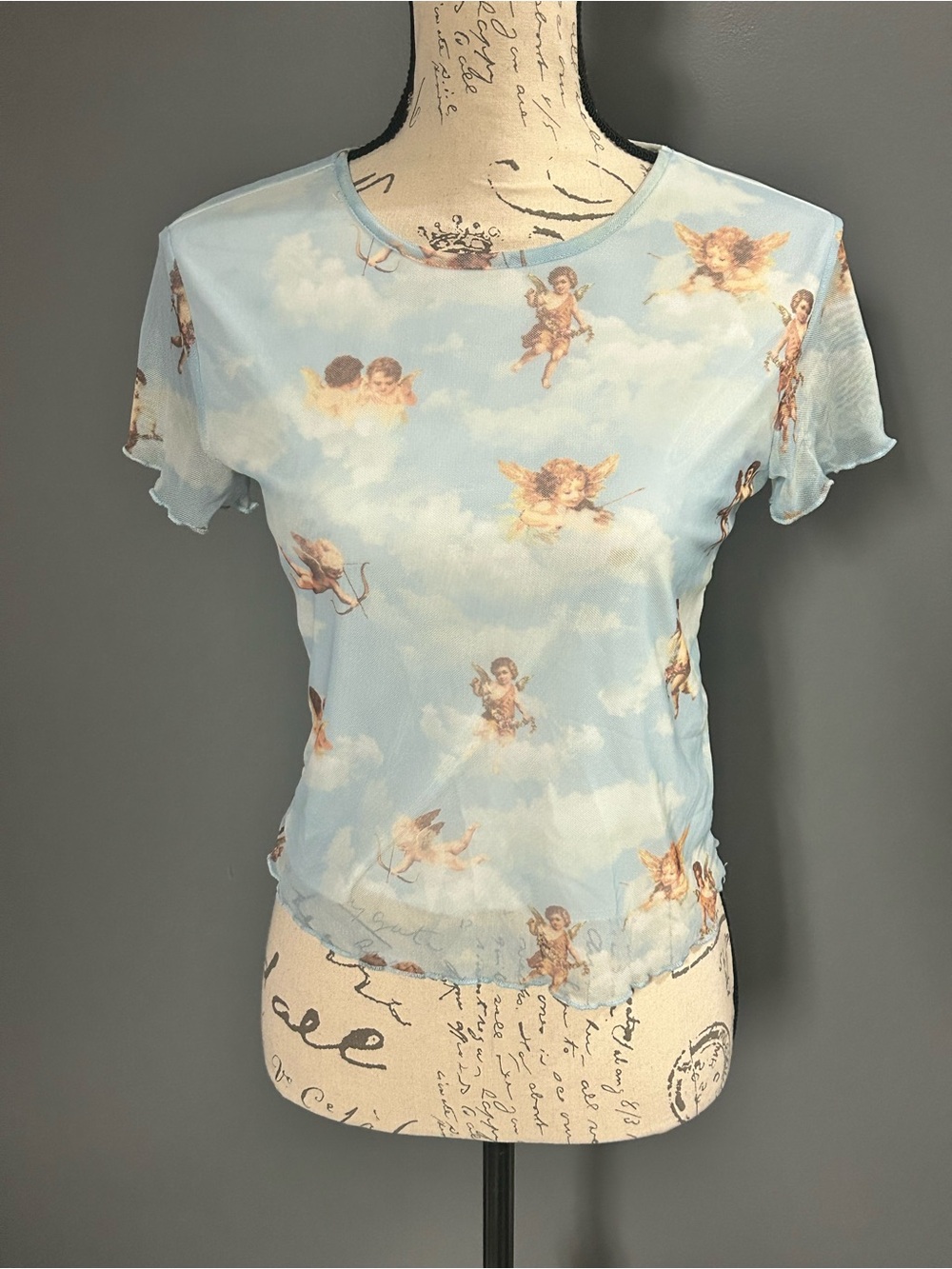 Vine and Valley Blue Cherub Angel Mesh Top Size Large